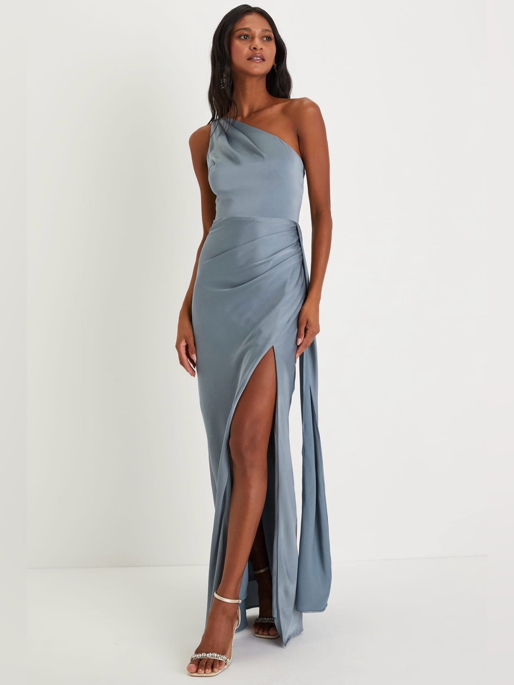 Lulu’s Signature Elegance Slate Blue Satin One-Shoulder Maxi Dress